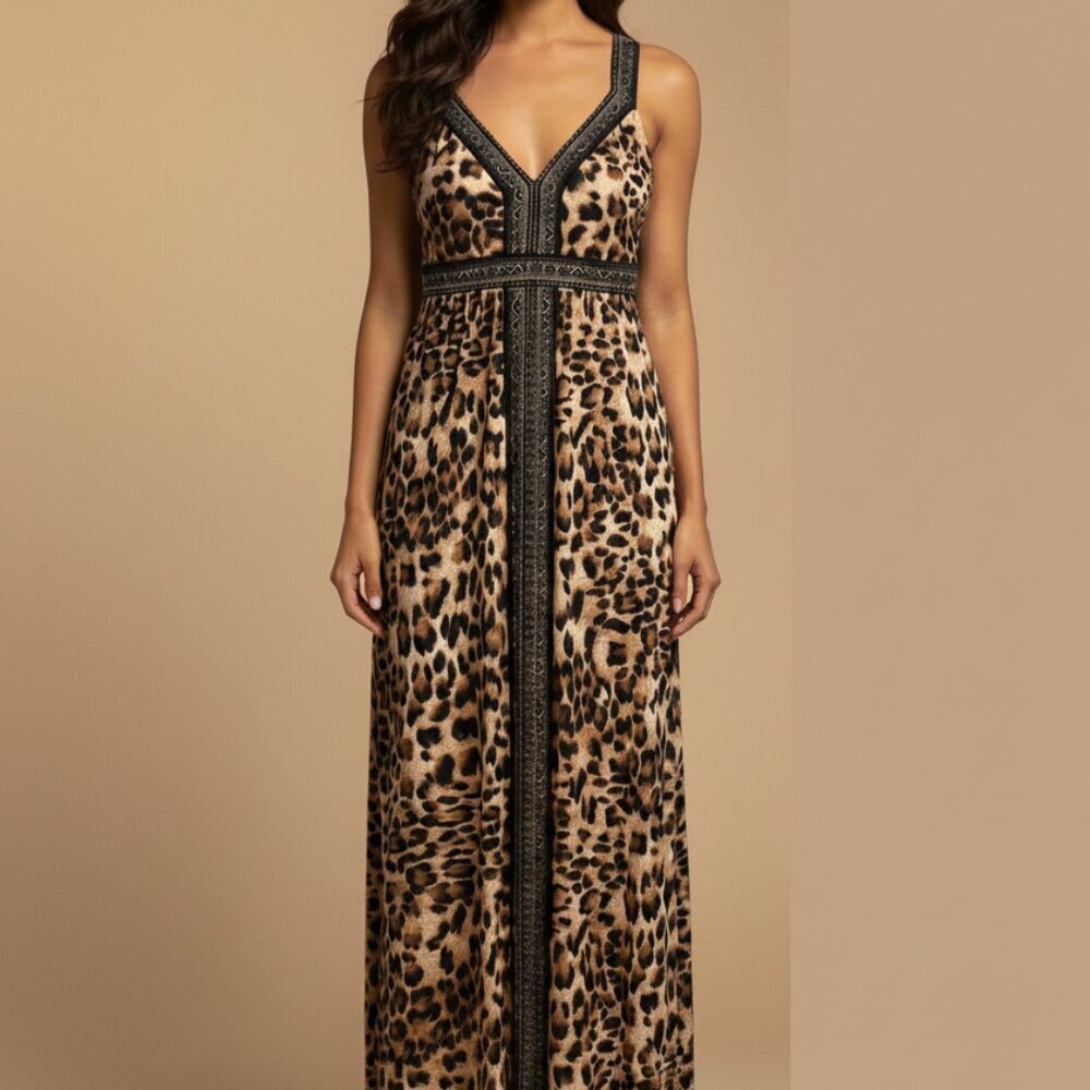 Carmen Leopard Print Criss-Cross Strap Maxi Dress with Embellished Trim